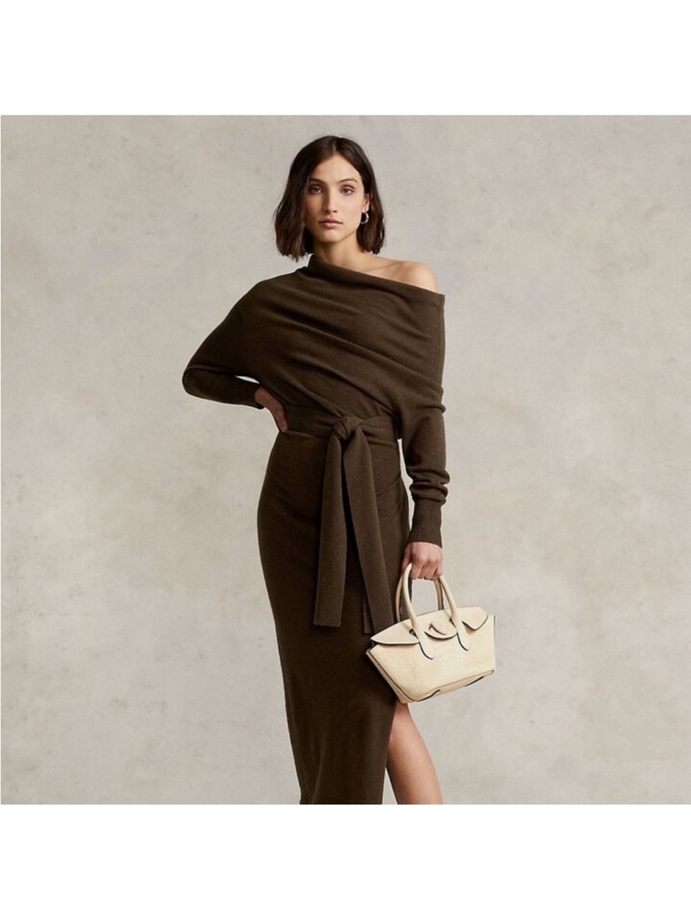 $698 Polo Ralph Lauren brown Self-Tie Cashmere Midi Dress sz small